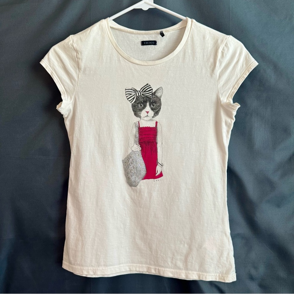 Ikks Girls Kitten Cat White Red Gray Short Sleeve Tee Size: 12